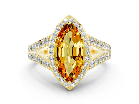 Yellow gold Marquise Cut Citrine Split Shank Halo Ring with Four-Prong Setting_12