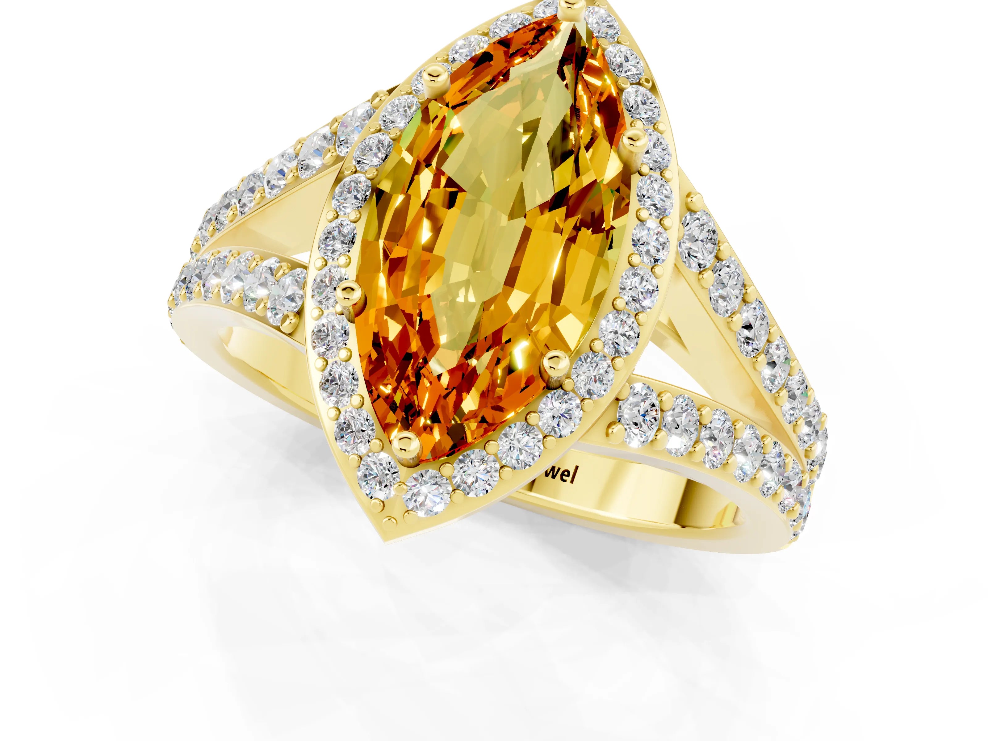 Yellow gold Marquise Cut Citrine Split Shank Halo Ring with Four-Prong Setting_13