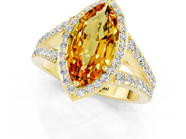 Yellow gold Marquise Cut Citrine Split Shank Halo Ring with Four-Prong Setting