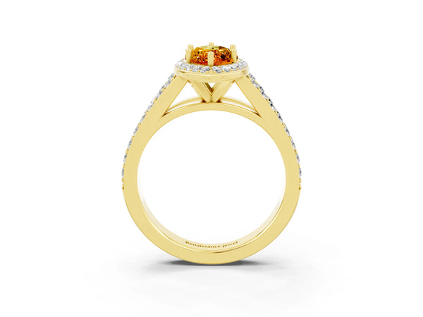 Yellow gold Marquise Cut Citrine Split Shank Halo Ring with Four-Prong Setting