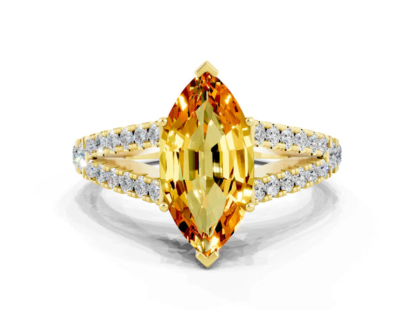 Yellow gold Marquise Cut Citrine Split Shank Pavé Engagement Ring with Four-Prong Setting