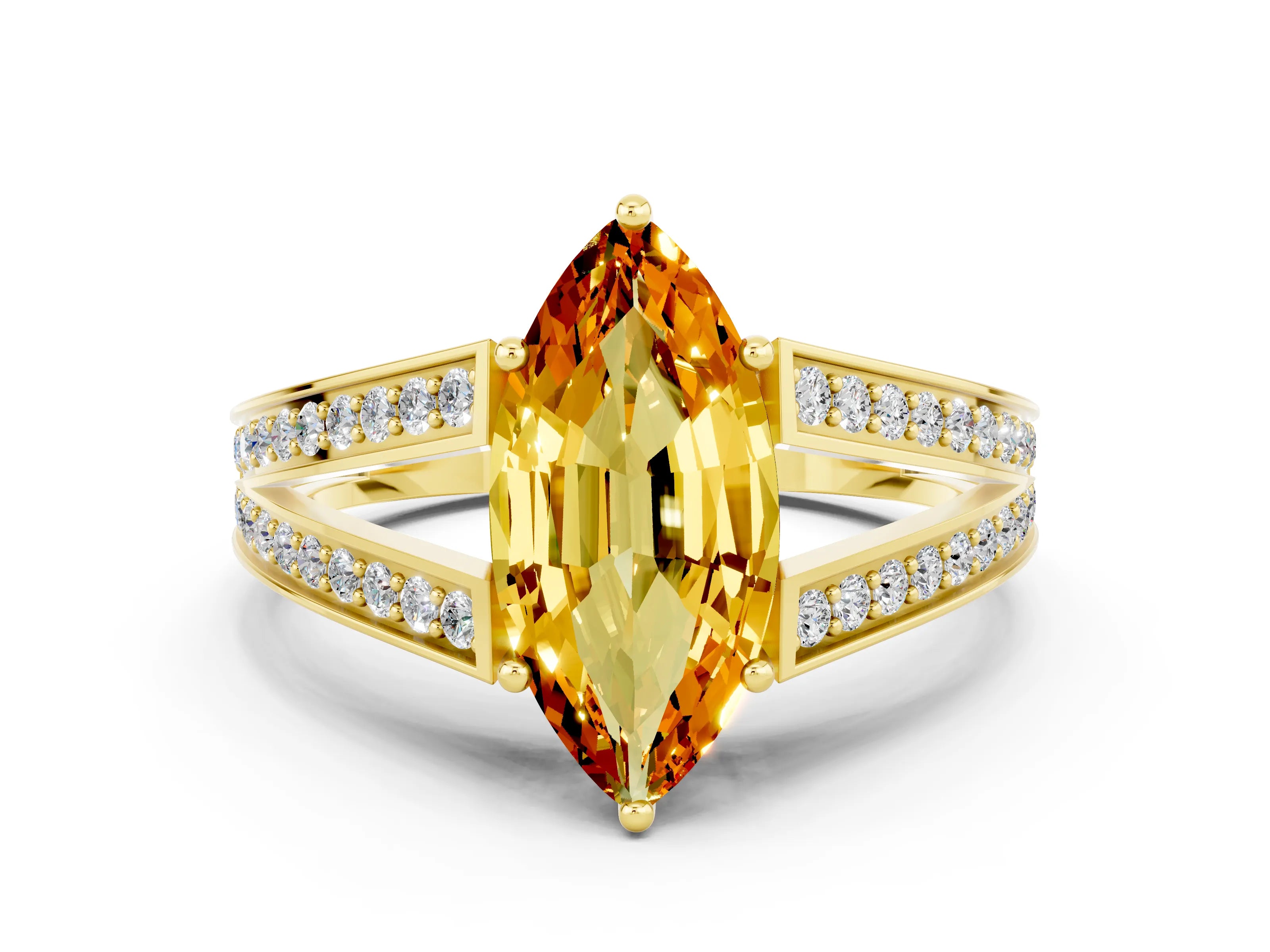 Yellow gold Marquise Cut Citrine Split Shank Ring with Pavé Band and Four-Prong Setting