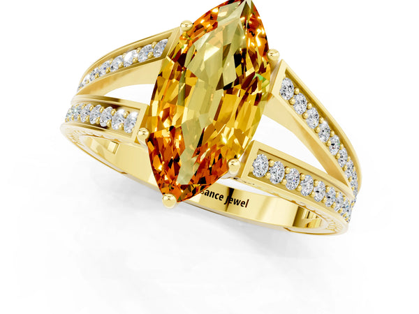 Yellow gold Marquise Cut Citrine Split Shank Ring with Pavé Band and Four-Prong Setting