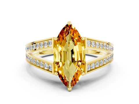 Yellow gold Marquise Cut Citrine Split Shank Ring with Pavé Band and Four-Prong Setting