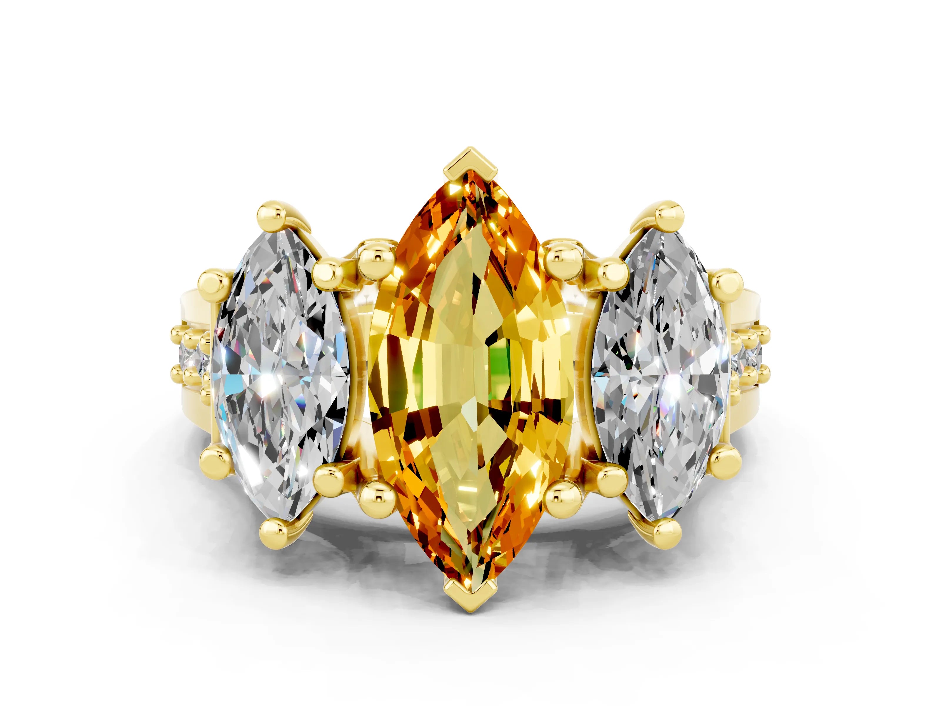 Yellow gold Marquise Cut Citrine Three-Stone Ring with Channel Set Band and Four-Prong Setting