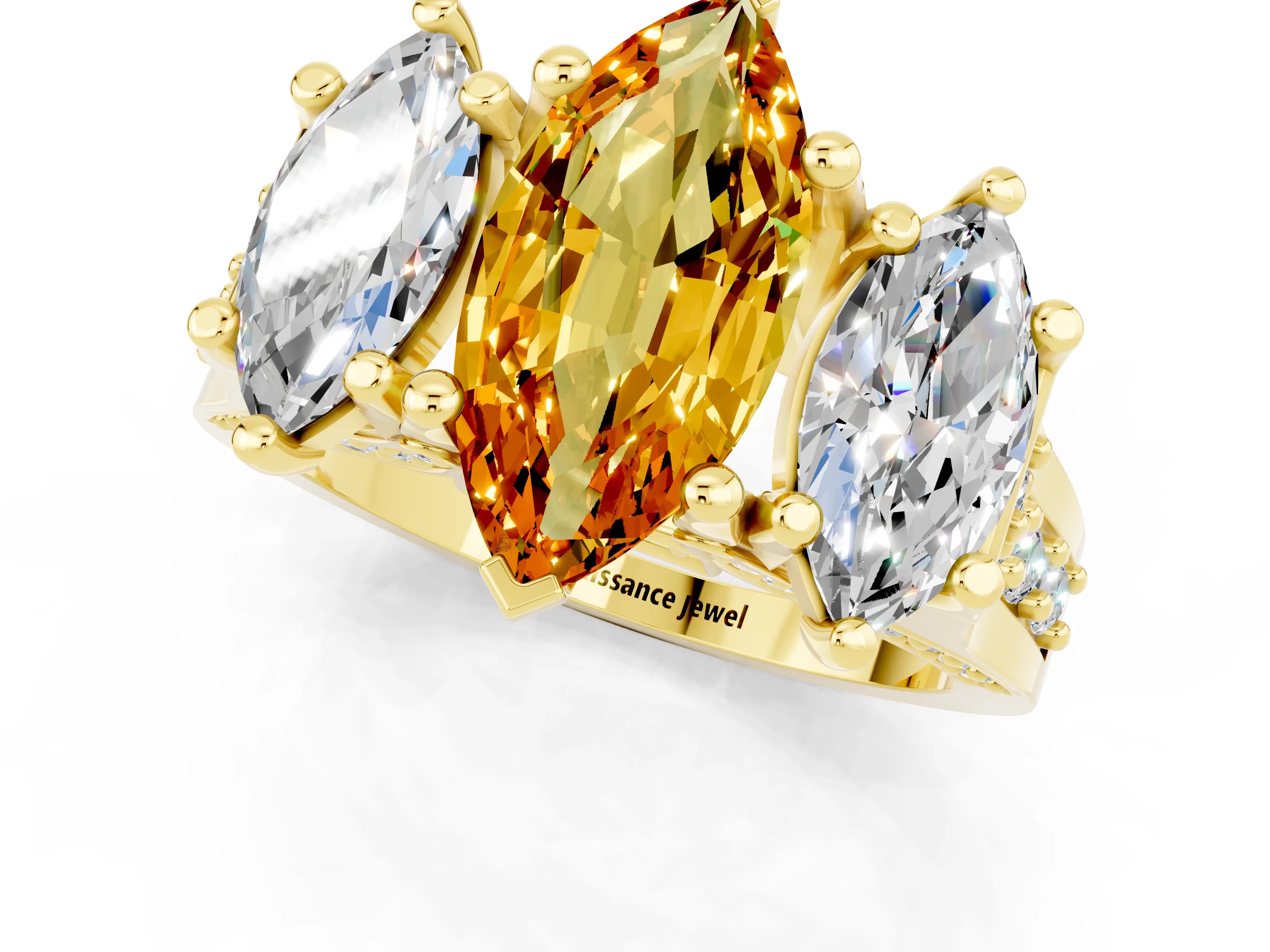 Yellow gold Marquise Cut Citrine Three-Stone Ring with Channel Set Band and Four-Prong Setting_1