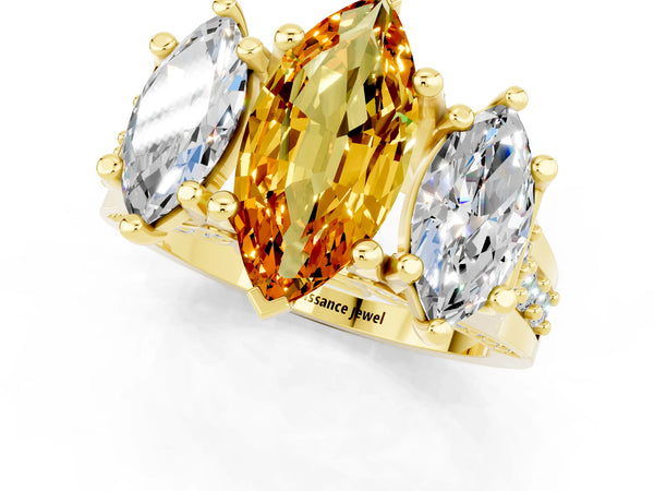 Yellow gold Marquise Cut Citrine Three-Stone Ring with Channel Set Band and Four-Prong Setting
