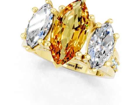 Yellow gold Marquise Cut Citrine Three-Stone Ring with Channel Set Band and Four-Prong Setting_1