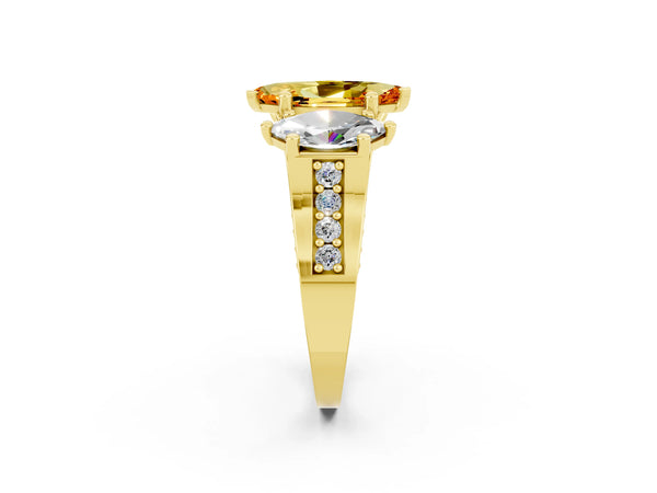 Yellow gold Marquise Cut Citrine Three-Stone Ring with Channel Set Band and Four-Prong Setting