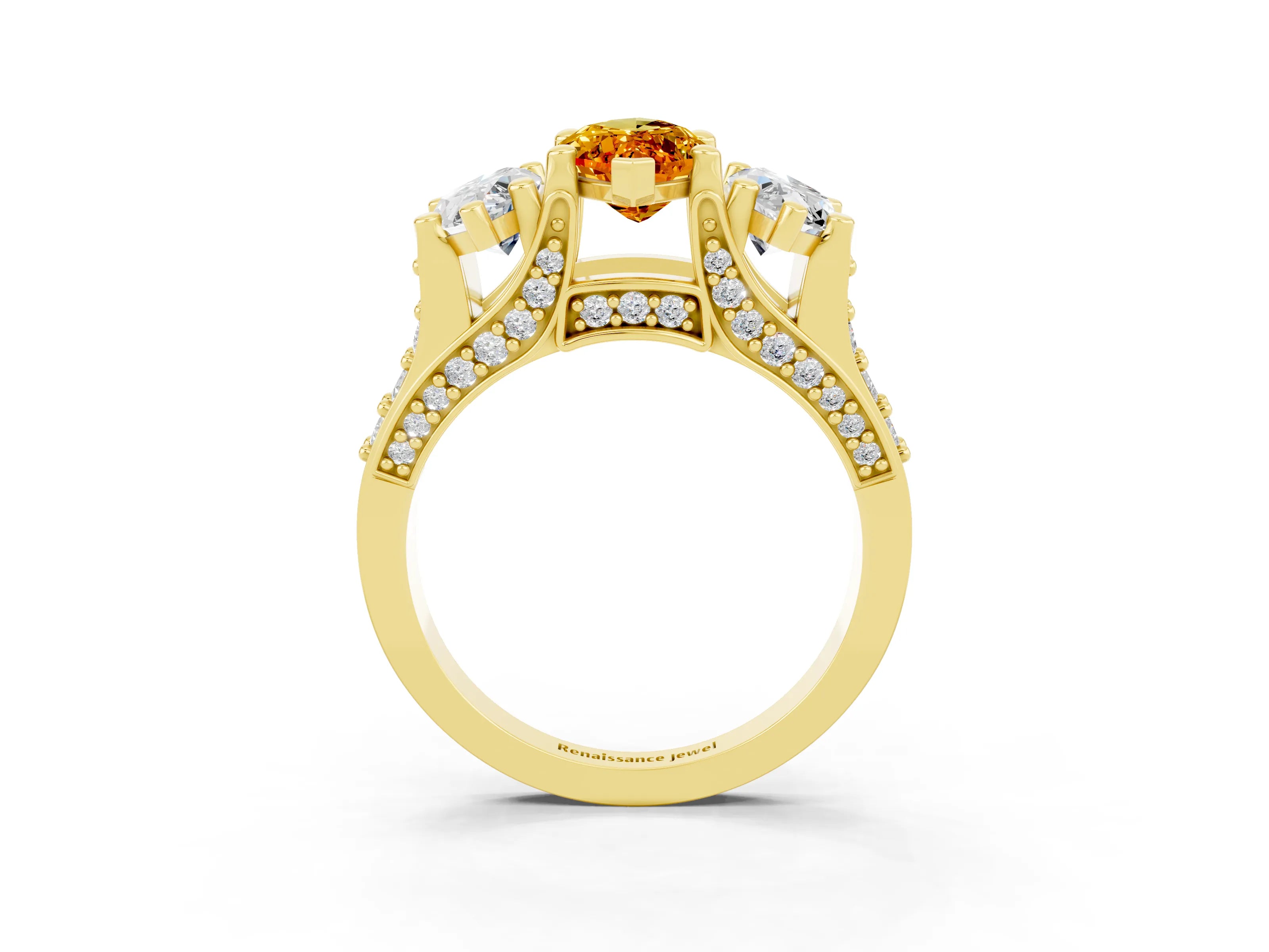 Yellow gold Marquise Cut Citrine Three-Stone Ring with Channel Set Band and Four-Prong Setting_3