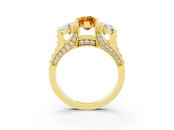 Yellow gold Marquise Cut Citrine Three-Stone Ring with Channel Set Band and Four-Prong Setting