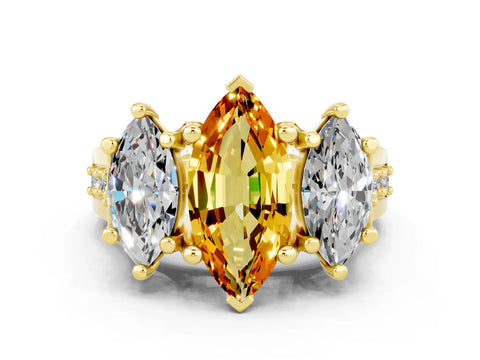 Yellow gold Marquise Cut Citrine Three-Stone Ring with Channel Set Band and Four-Prong Setting