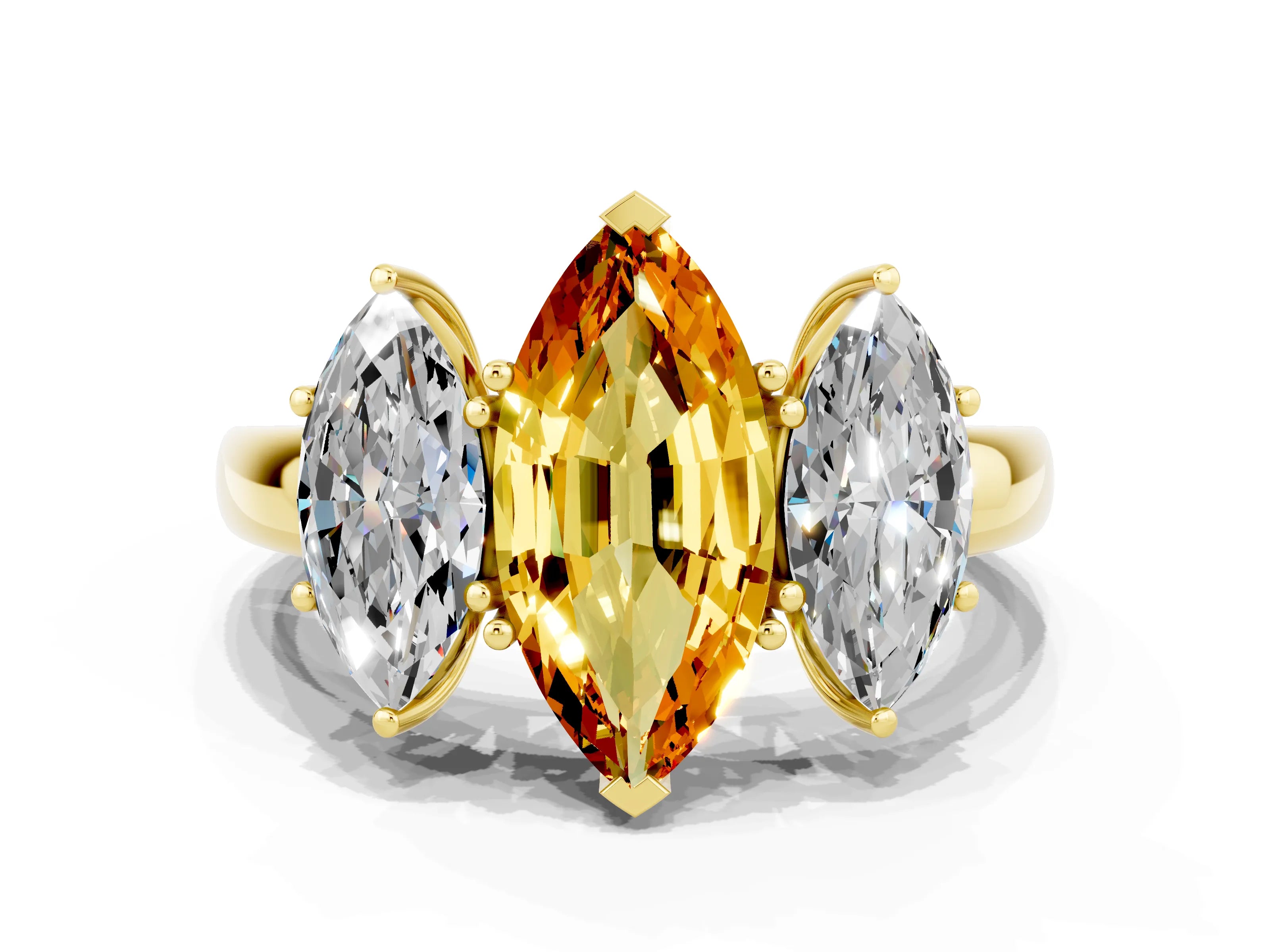Yellow gold Marquise Cut Citrine Three-Stone Ring with Four-Prong Setting and Classic Band