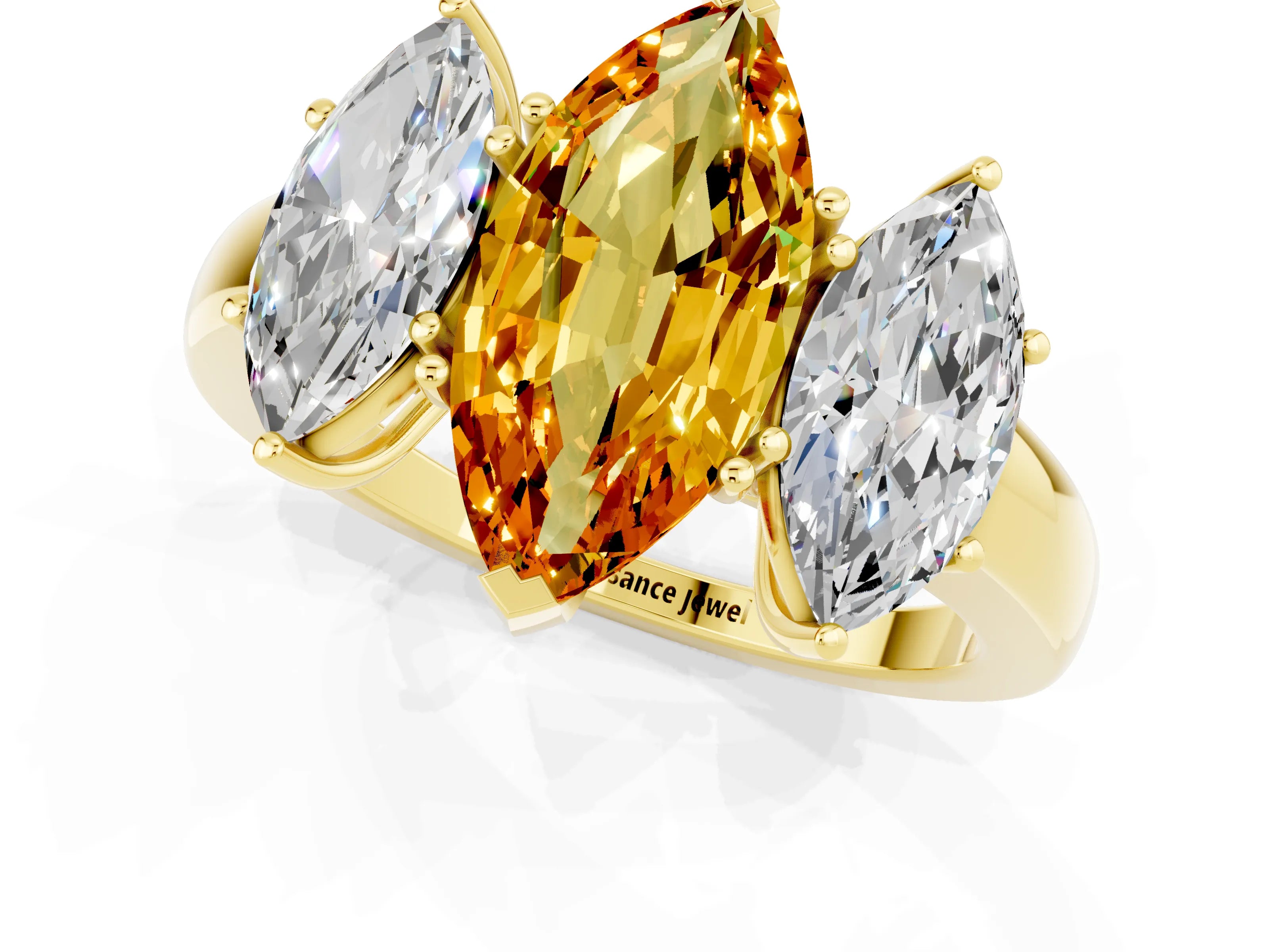 Yellow gold Marquise Cut Citrine Three-Stone Ring with Four-Prong Setting and Classic Band_1