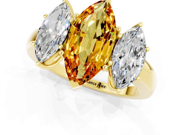 Yellow gold Marquise Cut Citrine Three-Stone Ring with Four-Prong Setting and Classic Band