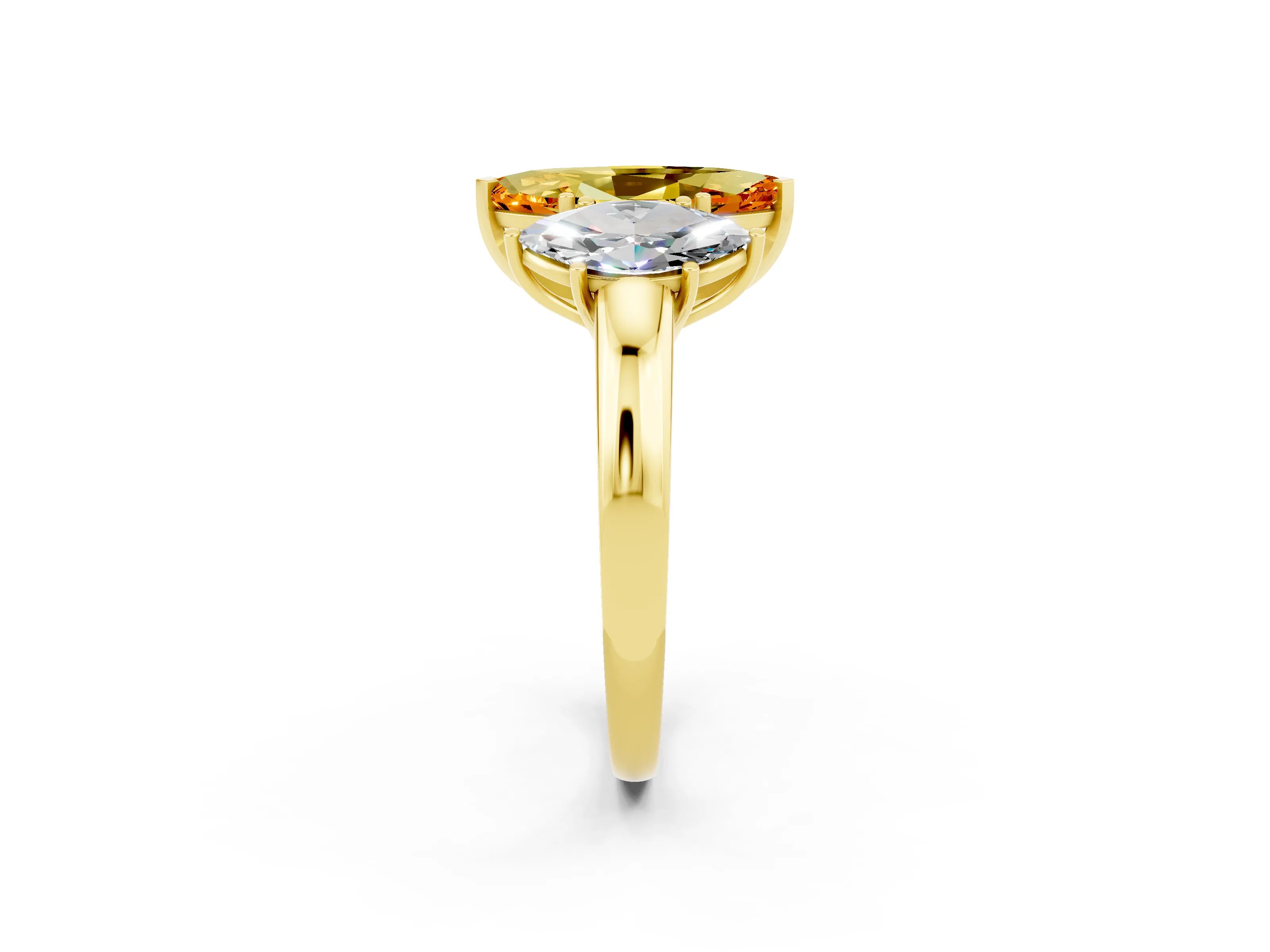 Yellow gold Marquise Cut Citrine Three-Stone Ring with Four-Prong Setting and Classic Band_2