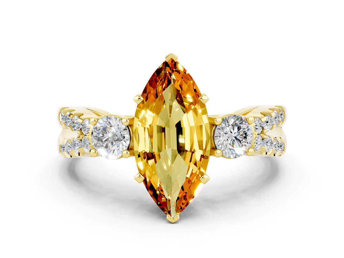 Yellow gold Marquise Cut Citrine Three-Stone Ring with Pavé Split Shank and Four-Prong Setting_12