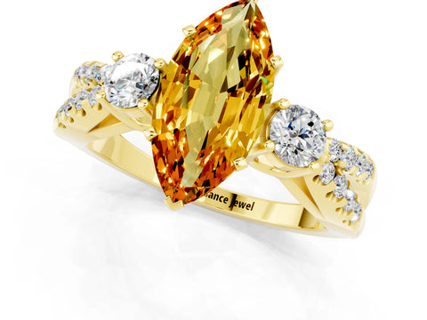 Yellow gold Marquise Cut Citrine Three-Stone Ring with Pavé Split Shank and Four-Prong Setting_13