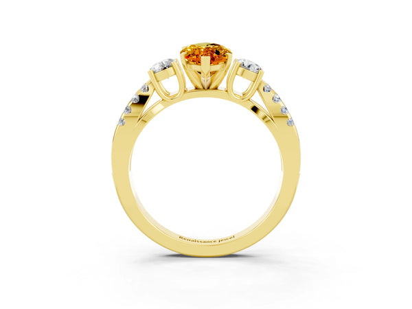 Yellow gold Marquise Cut Citrine Three-Stone Ring with Pavé Split Shank and Four-Prong Setting
