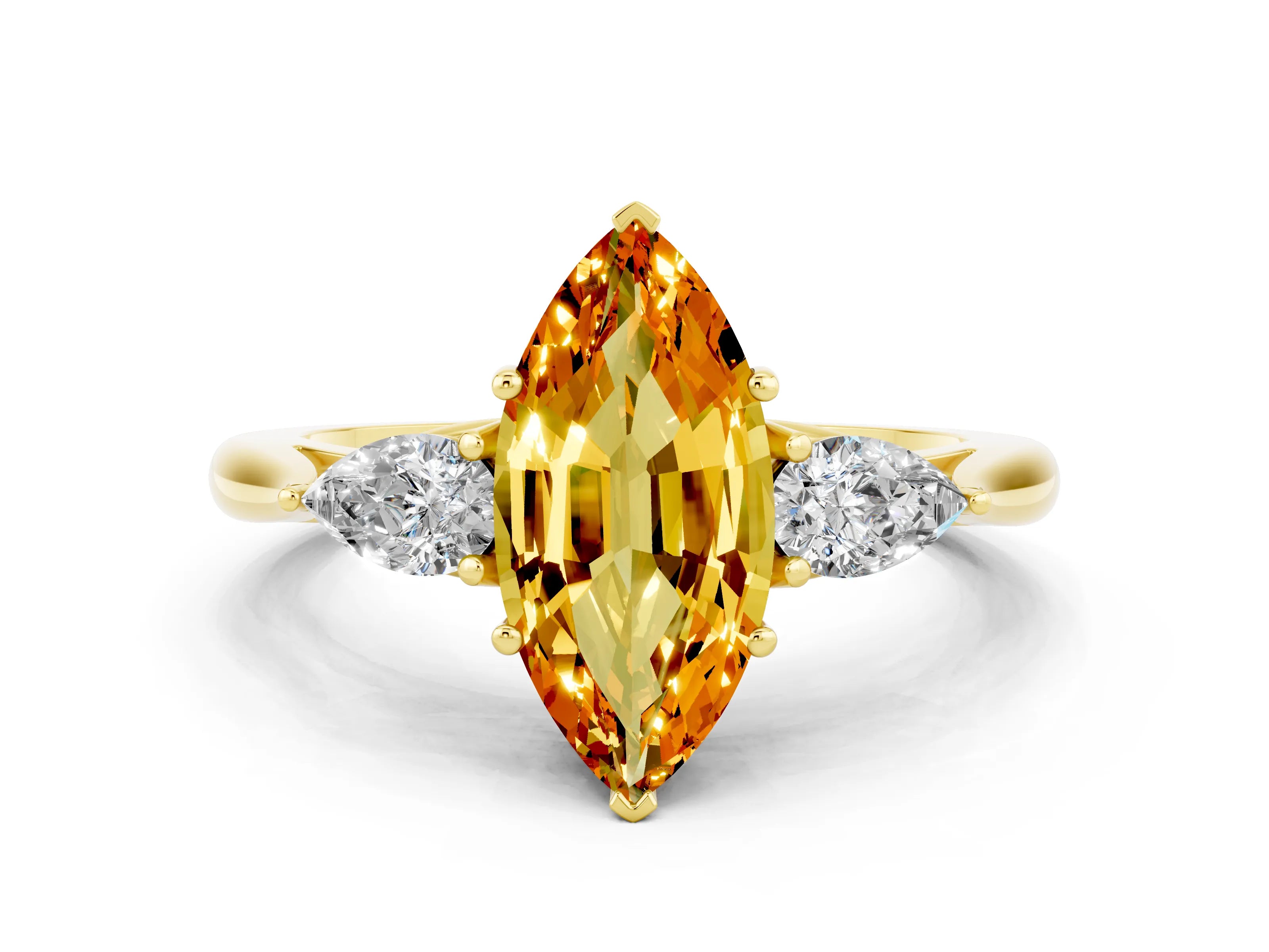 Yellow gold Marquise Cut Citrine Three-Stone Ring with Pear Side Stones and Four-Prong Setting_12