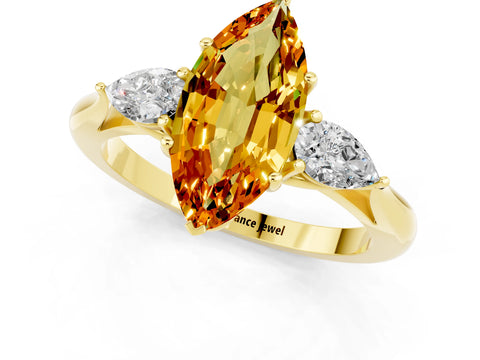 Yellow gold Marquise Cut Citrine Three-Stone Ring with Pear Side Stones and Four-Prong Setting_13