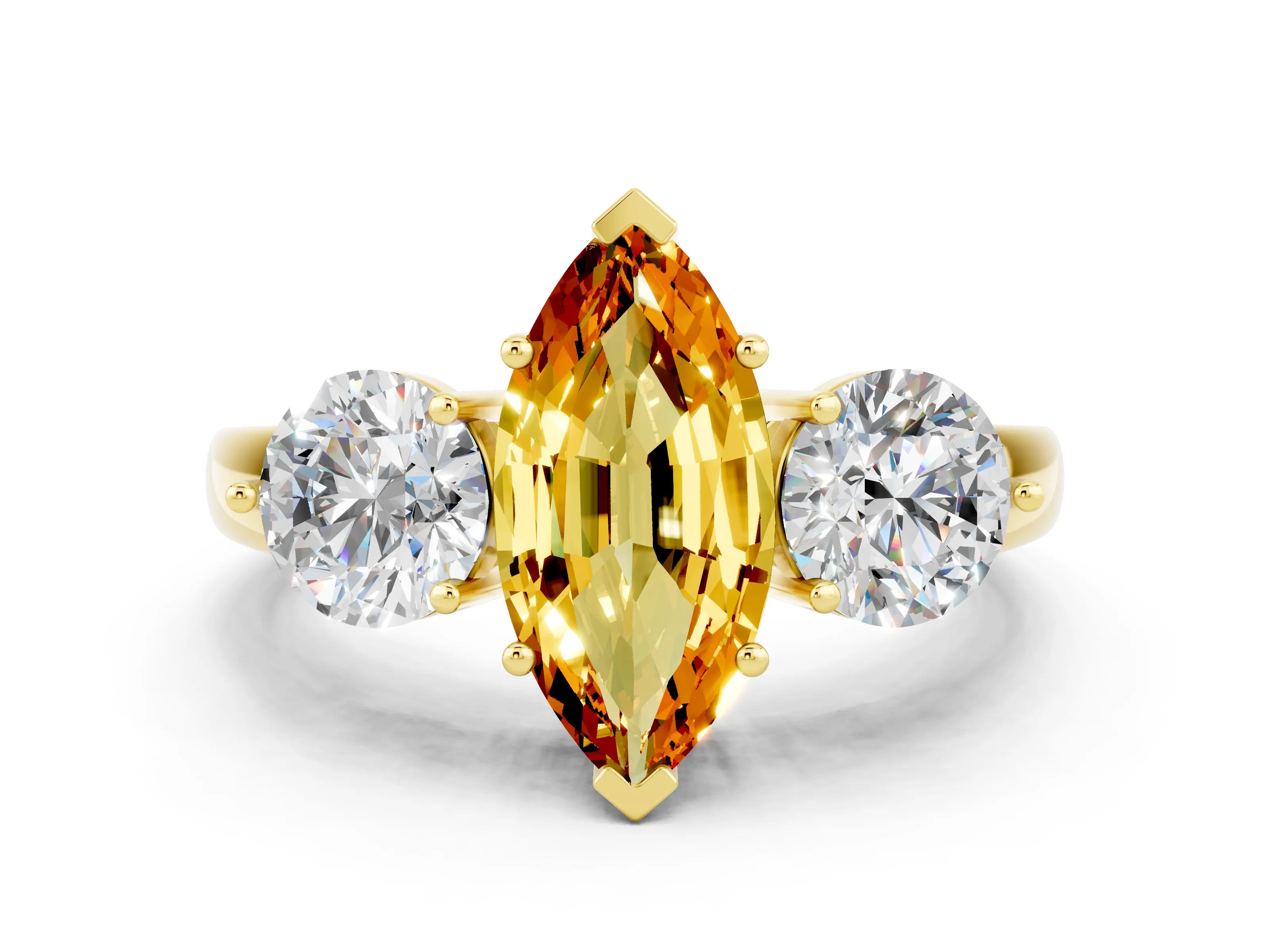 Yellow gold Marquise Cut Citrine Three-Stone Ring with Prong Setting and Classic Band