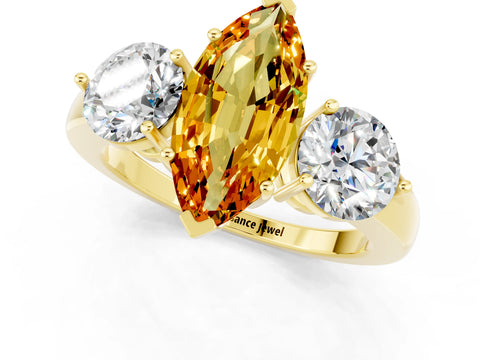 Yellow gold Marquise Cut Citrine Three-Stone Ring with Prong Setting and Classic Band_1