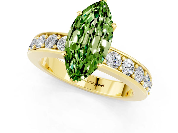 Yellow gold Marquise Cut Peridot Engagement Ring with Channel Set Round  Band and Prong Setting