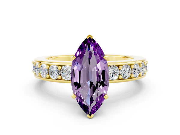 Yellow gold Marquise Cut Amethyst Engagement Ring with Channel Set Round  Band and Prong Setting