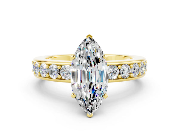 Yellow gold Marquise Cut Moissanite Engagement Ring with Channel Set Round  Band and Prong Setting