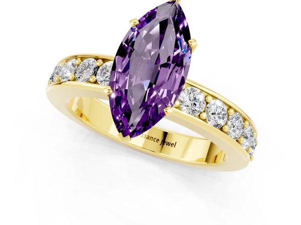 Yellow gold Marquise Cut Amethyst Engagement Ring with Channel Set Round  Band and Prong Setting