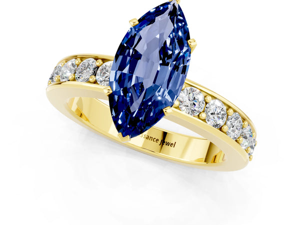 Yellow gold Marquise Cut Blue Sapphire Engagement Ring with Channel Set Round  Band and Prong Setting