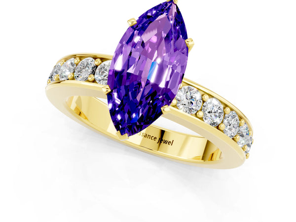 Yellow gold Marquise Cut Tanzanite Engagement Ring with Channel Set Round  Band and Prong Setting