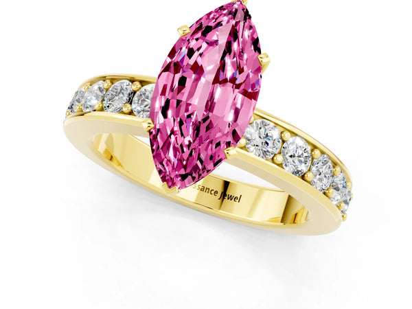 Yellow gold Marquise Cut Pink Sapphire Engagement Ring with Channel Set Round  Band and Prong Setting