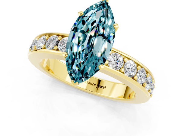 Yellow gold Marquise Cut Blue Topaz Engagement Ring with Channel Set Round  Band and Prong Setting