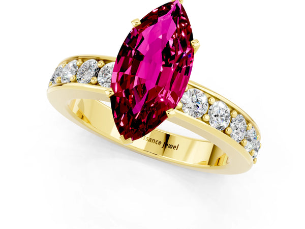 Yellow gold Marquise Cut Garnet Engagement Ring with Channel Set Round  Band and Prong Setting