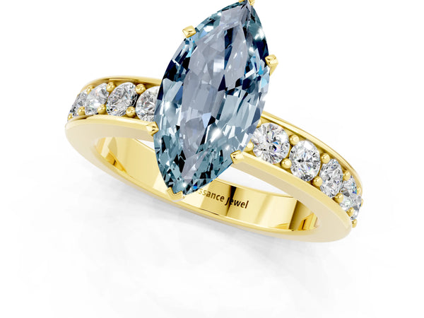 Yellow gold Marquise Cut Aquamarine Engagement Ring with Channel Set Round  Band and Prong Setting
