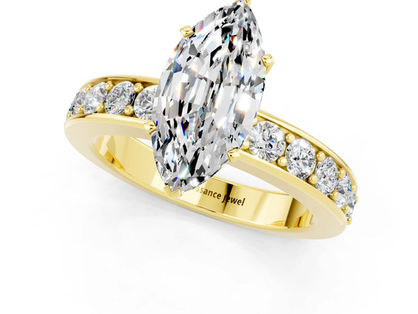 Yellow gold Marquise Cut Moissanite Engagement Ring with Channel Set Round  Band and Prong Setting