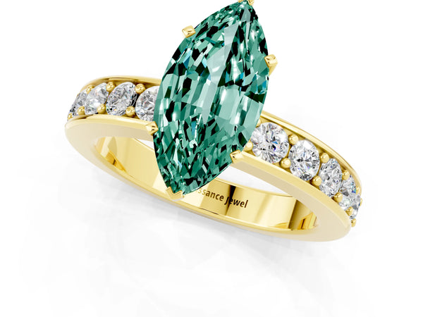 Yellow gold Marquise Cut Green Sapphire Engagement Ring with Channel Set Round  Band and Prong Setting