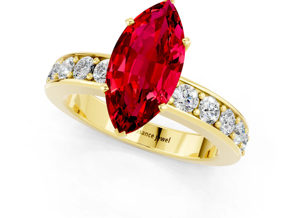 Yellow gold Marquise Cut Ruby Engagement Ring with Channel Set Round  Band and Prong Setting