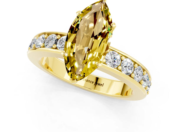 Yellow gold Marquise Cut Yellow Sapphire Engagement Ring with Channel Set Round  Band and Prong Setting