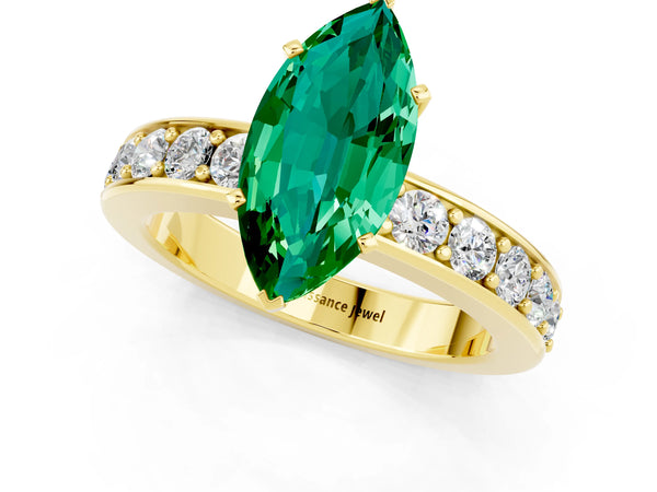 Yellow gold Marquise Cut Emerald Engagement Ring with Channel Set Round  Band and Prong Setting