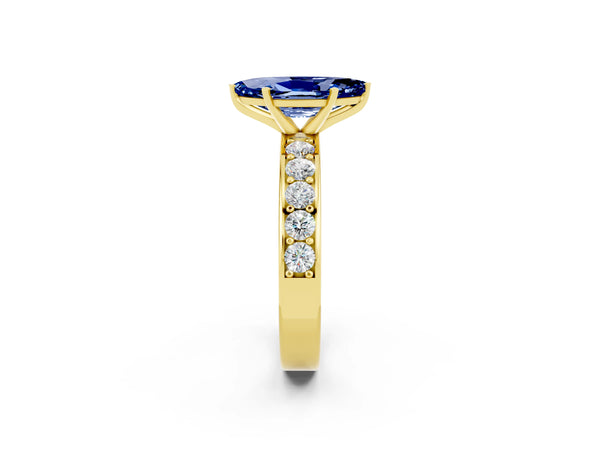 Yellow gold Marquise Cut Blue Sapphire Engagement Ring with Channel Set Round  Band and Prong Setting