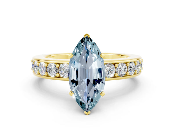 Yellow gold Marquise Cut Aquamarine Engagement Ring with Channel Set Round  Band and Prong Setting