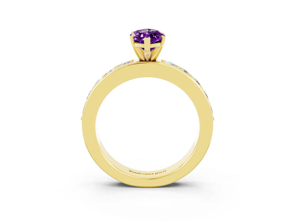 Yellow gold Marquise Cut Amethyst Engagement Ring with Channel Set Round  Band and Prong Setting
