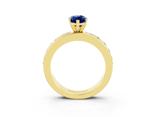 Yellow gold Marquise Cut Blue Sapphire Engagement Ring with Channel Set Round  Band and Prong Setting