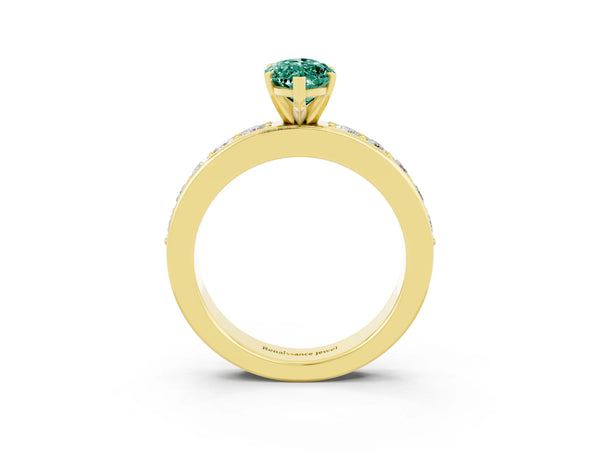Yellow gold Marquise Cut Green Sapphire Engagement Ring with Channel Set Round  Band and Prong Setting
