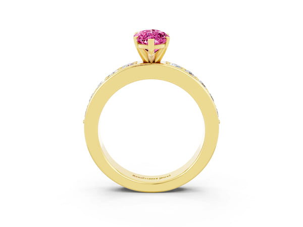 Yellow gold Marquise Cut Pink Sapphire Engagement Ring with Channel Set Round  Band and Prong Setting