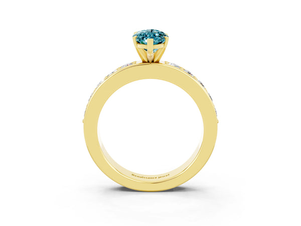 Yellow gold Marquise Cut Blue Topaz Engagement Ring with Channel Set Round  Band and Prong Setting
