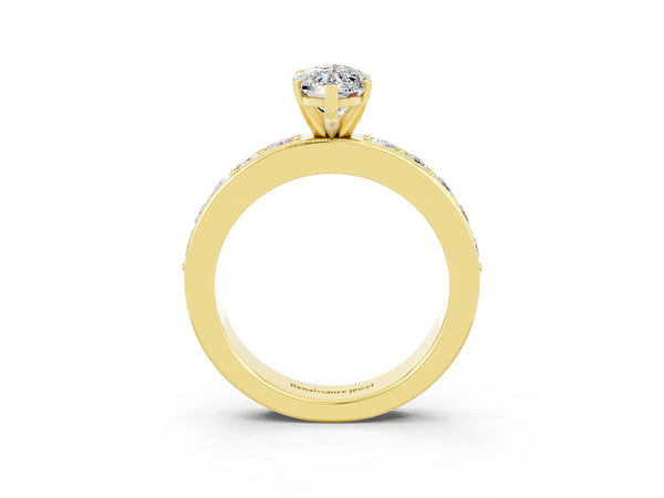 Yellow gold Marquise Cut Moissanite Engagement Ring with Channel Set Round  Band and Prong Setting